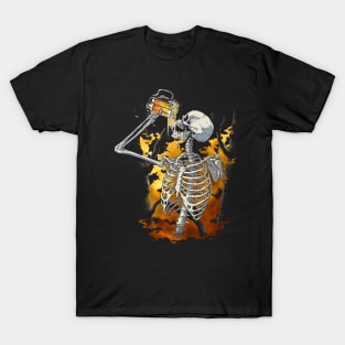 Halloween Beer Drinking Skeleton Skull T-Shirt